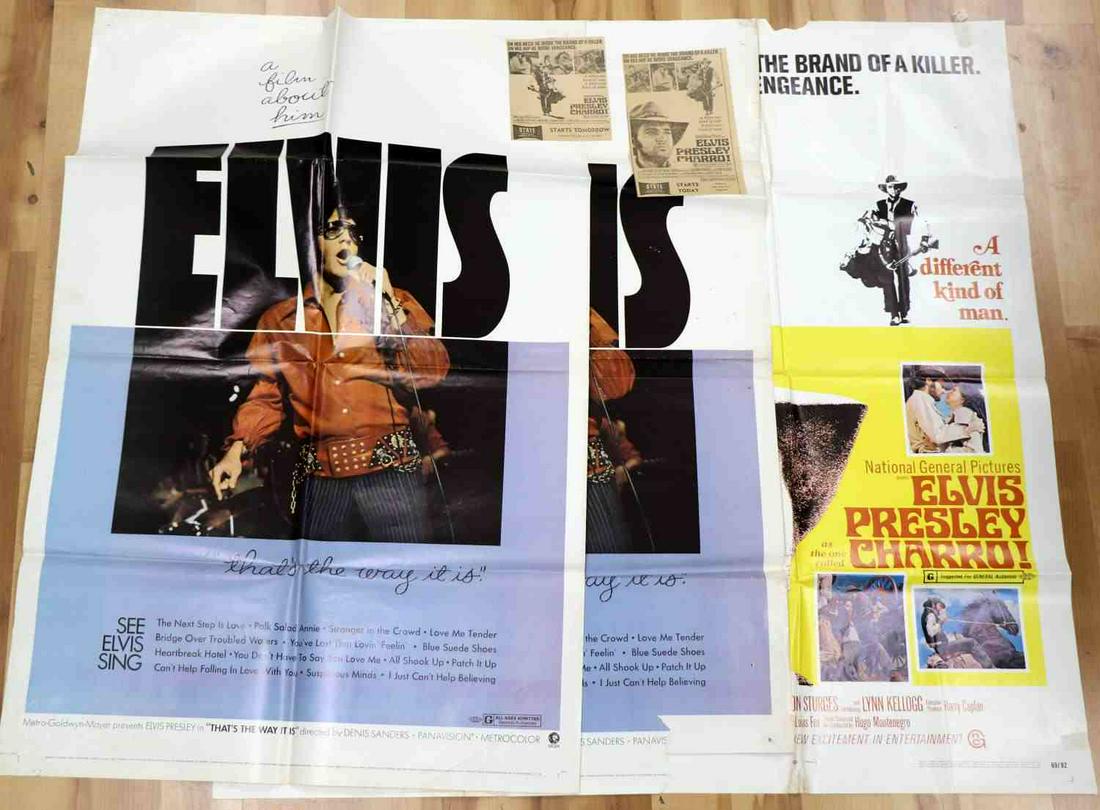 3 ORIGINAL VINTAGE ELVIS THEATRICAL ONE SHEETS: Lot of three (3) original 27X41 inch theatrical one-sheet movie posters of films starring Elvis Presley. Includes two (2) identical posters of "THAT'S THE WAY IT IS" and one (1) poster of "CHARRO!", a