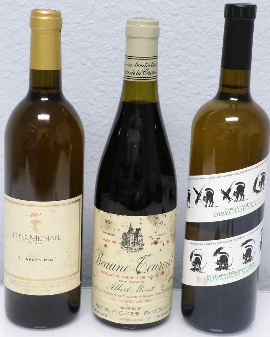 3 BOTTLE WINE LOT 94 PETER MICHAEL BEAUNE TEURONS: Lot features a 1994 bottle of Peter Michael L Apres-midi, 1993 Beaune Teurons Albert Morot, and 2012 Alexander Valley, Sonoma County Sauvignon Blanc. Upper mid shoulder ullage. Good labels with some f