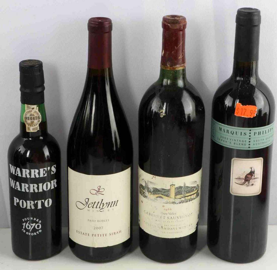 86 NAPA CAB 03 VINTAGE BLEND 07 SIRAH AND PORT: 1986 Robert Mondavi Winery Cabernet Sauvignon. High shoulder ullage. 2003 Vintage Marquis Philips Sarah's Blend. High neck ullage. 2007 Jettlynn Winery Cabernet Sauvignon. High neck ullage. Warre's Wa