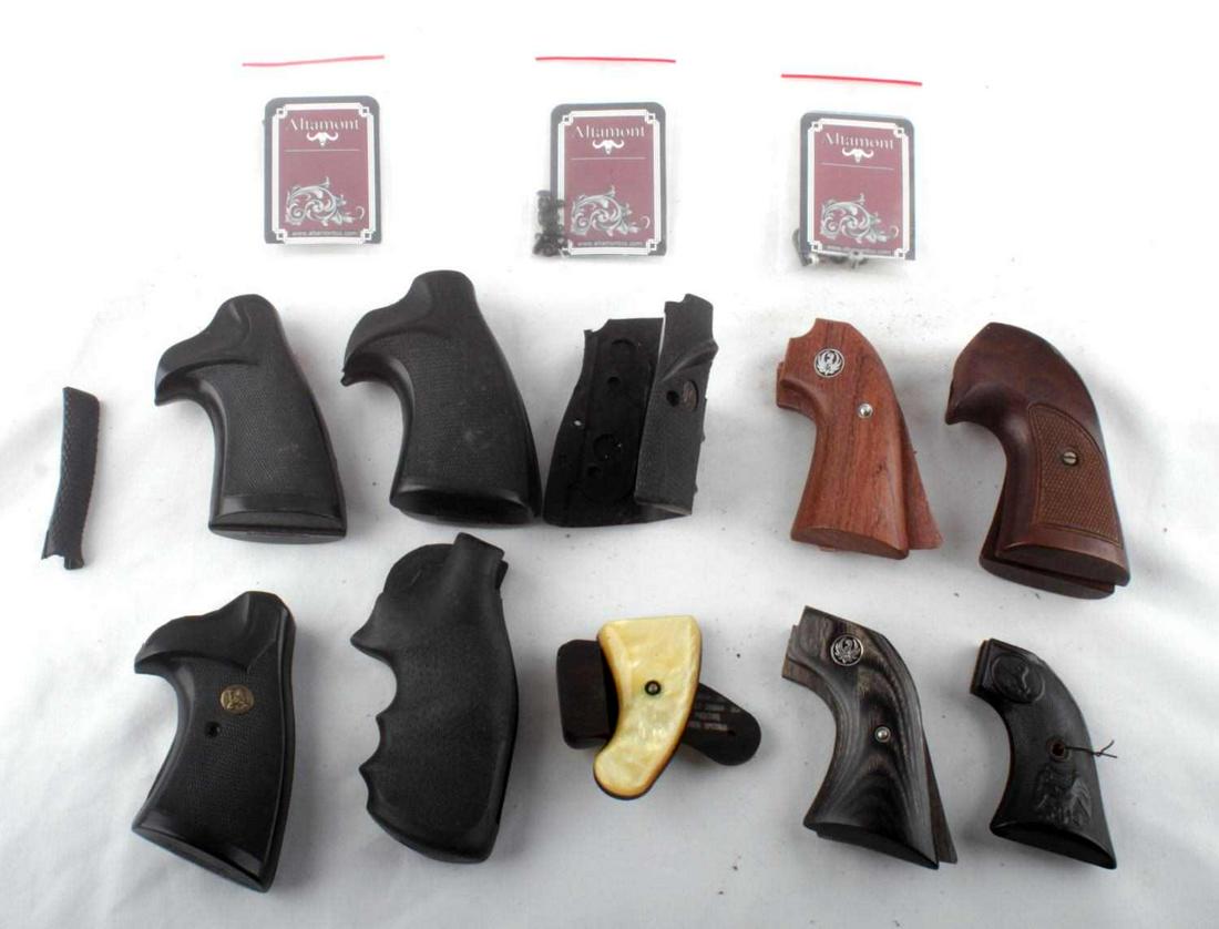LOT OF 10 ORIGINAL & AFTER MARKET PISTOL GRIPS: Some names include: Ruger, Pachmayr, Hogue monogrip, faux mother of pearl for Colt Cobra or Police Positive, one bakelite, and one wood. Good condition. Comes with extra screws and Allen wrenches.