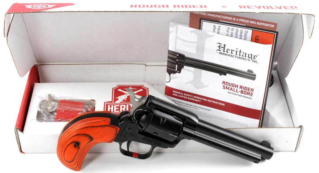 HERITAGE MFG ROUGH RIDER .22 REVOLVER: Heritgage Manufacturing Rough Rider .22 revolver , brand new in box. Comes with extra cylinder for .22wmr, owner's manual and lock. FFL required for transfer. No international shipping. Caliber: .22 S