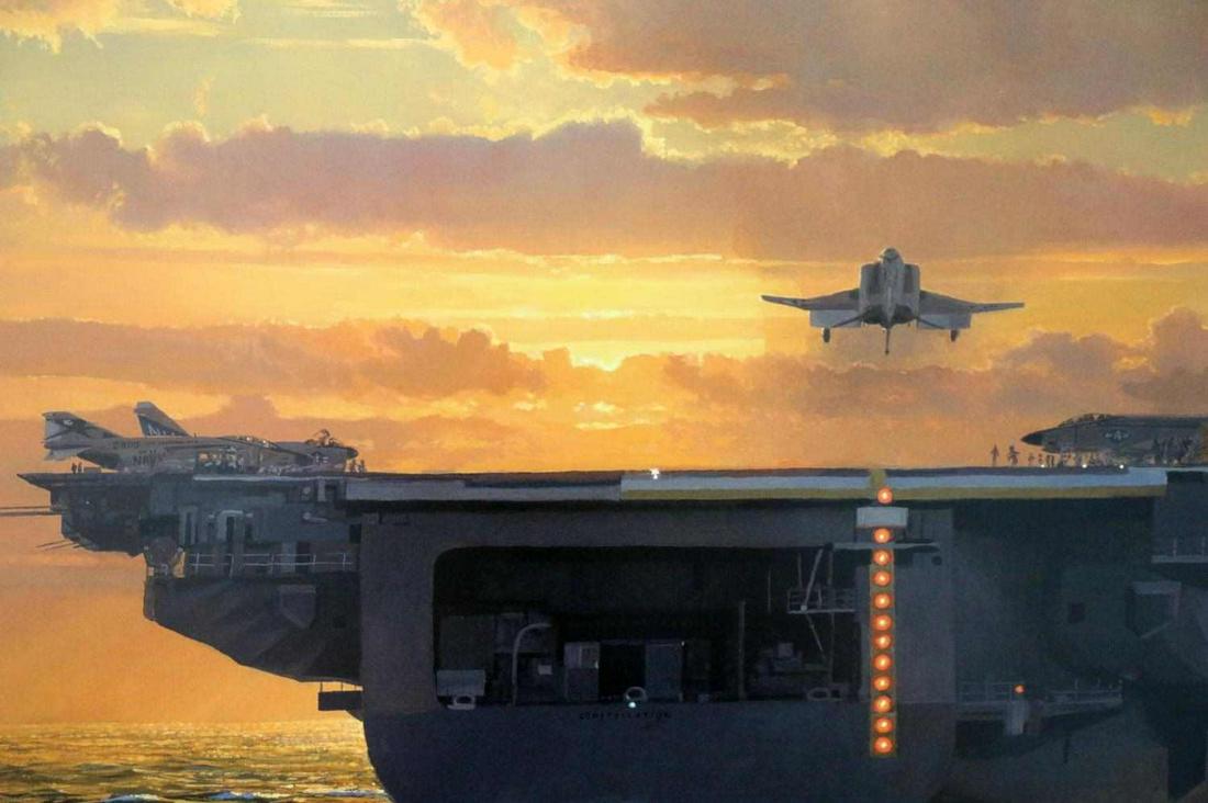 PHILLIPS HOME IS THE HUNTER AIRCRAFT CARRIER PRINT: Artist: William S Phillips Title: Home is the Hunter USS Constellation Aircraft Carrier. Limited edition art print 284/550 signed. Achievements: 1988 Phillips was chosen to be a U.S. Navy combat artis