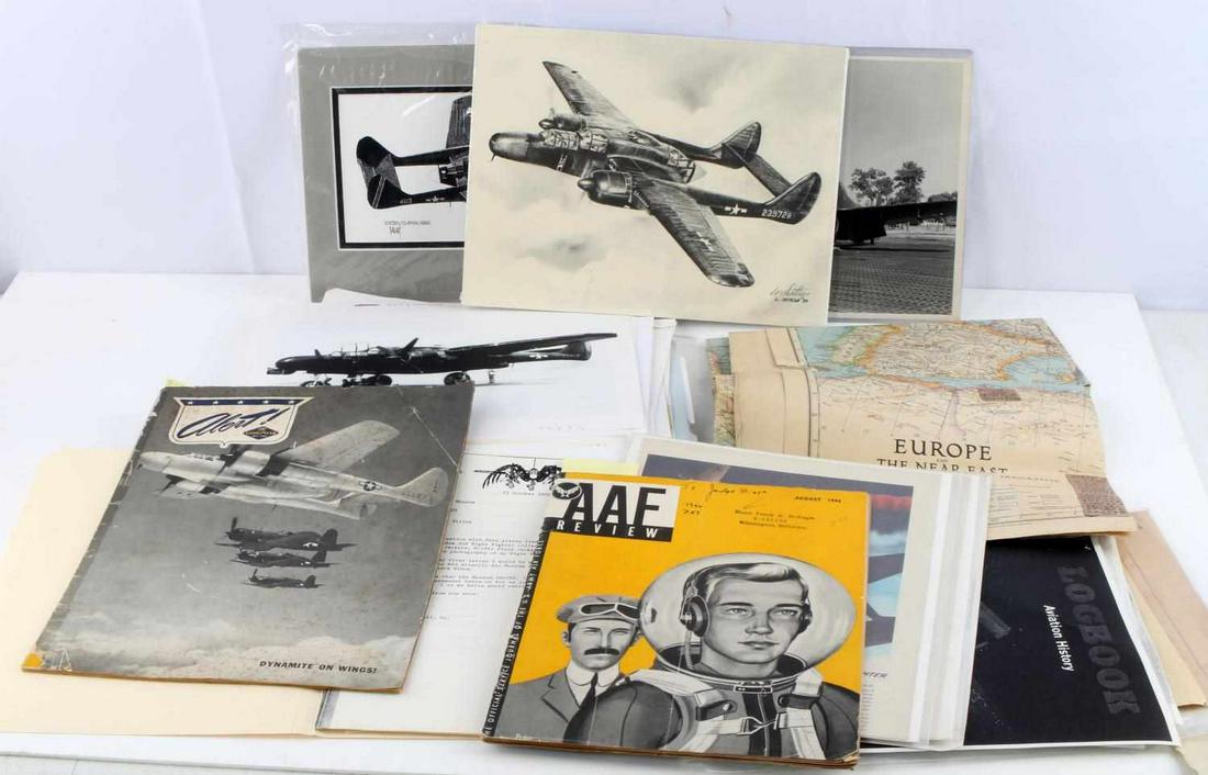 WWII FIGHTER PLANE P61 BLACK WIDOW DOCUMENTS: Good variety of aviation print photos plus pamphlets, newsletters, some newspaper clippings, mostly about P61 Black Widow, with others, plus Europe and Near East Nat'l Geographic map, 1943. Overall go