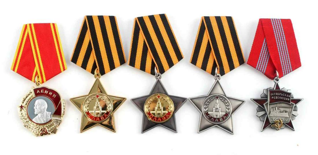 LOT OF 5 SOVIET RUSSIAN HIGHEST ORDER BADGES USSR: Lot includes; one "Order of Lenin," one "Order of October Revolution," and the three classes of the "Order of Military Glory." Each measure approx 4 X 1.75 inches, safety pin backs, and markings on re