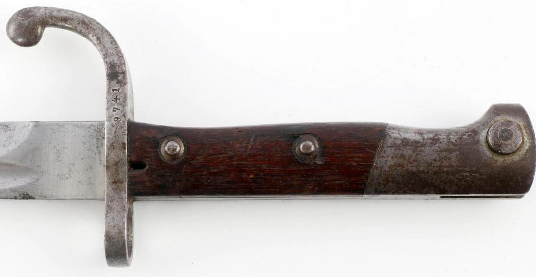 WWI IMPERIAL GERMAN M1898 ALEX COPPEL BAYONET: Very good original condition, no matching serial numbers scabbard and bayonet, cursive B on pommel, marked blade top at ricasso. Overall length 17 inches.