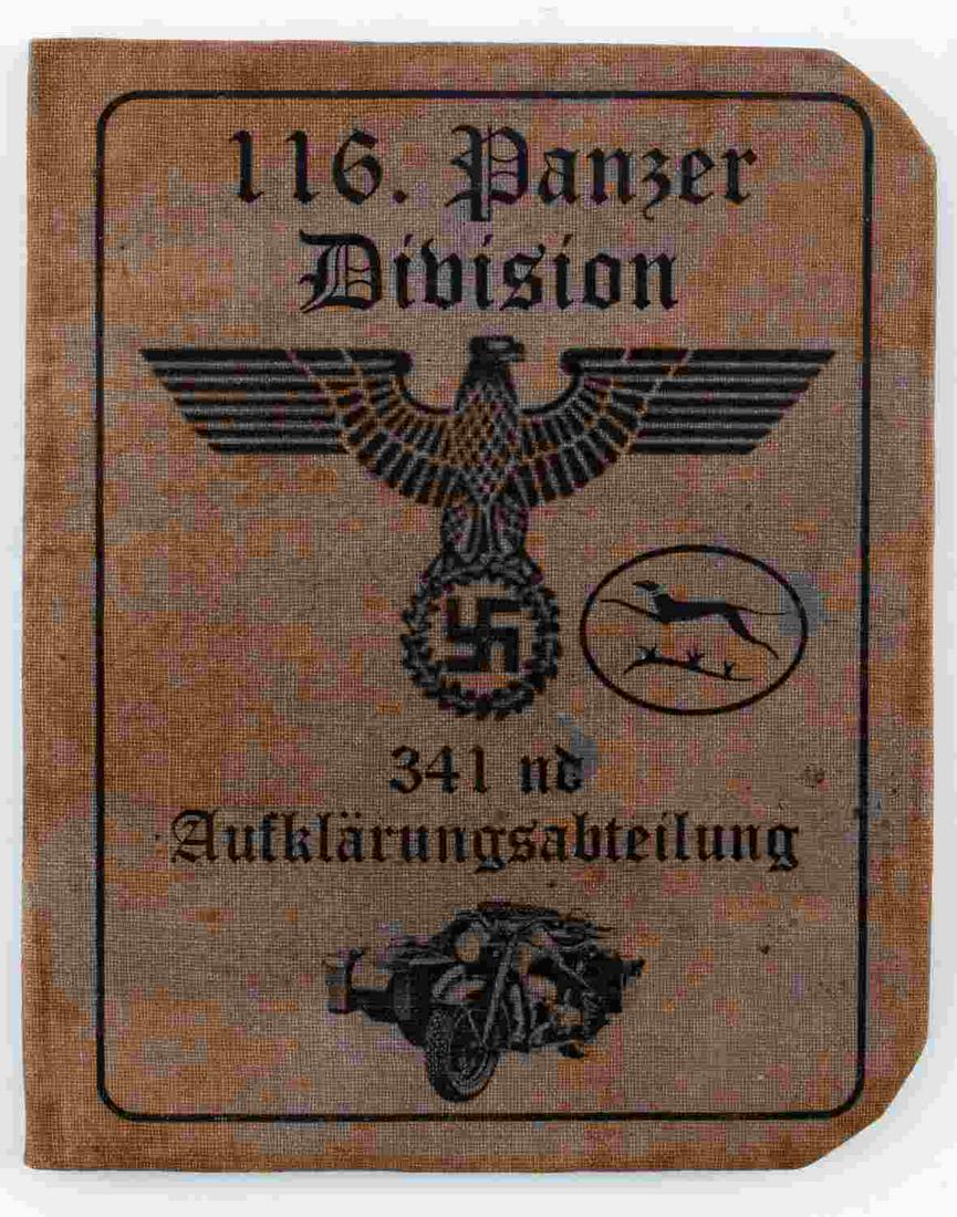 WWII GERMAN THIRD REICH AUSWEIS MOTORCYCLE ID BOOK: WWII German Third Reich Ausweis of a Military Biker / Motorcyclist ID Book, measures approx. 4.24 X 5.25 inches when closed. Obverse displays NSDAP eagle and emblem, reads "116. Panzer Dibision 341nd 