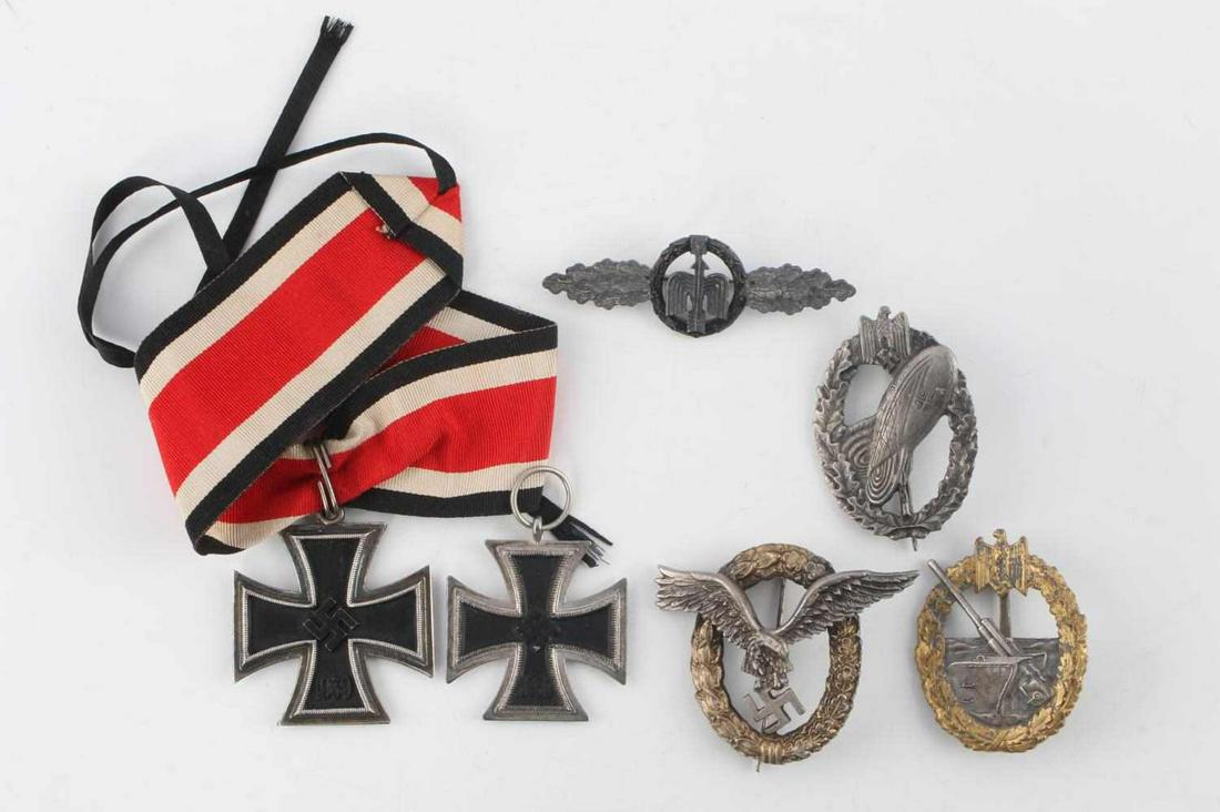 WWII GERMAN THIRD REICH IRON CROSS LUFTWAFFE: Pilot badge, 925 l/12 stamped iron cross and ribbon, Flak gunner badge, Air Ship badge. Unauthenticated sold as is.