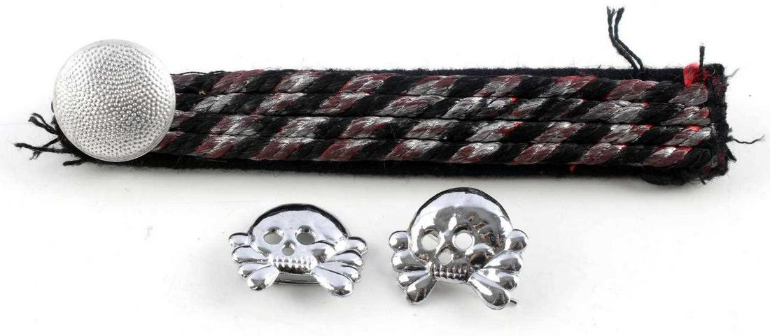 WWII GERMAN THIRD REICH SS SKULL HAT PINS NSDAP: WWII German Third Reich SS Skull Hat Pins and Shoulder Board. Hat pins measure approx. 1 inch in diameter, two folded prong on reverse, no makers marks. Shoulder board has black, silver bullion and re