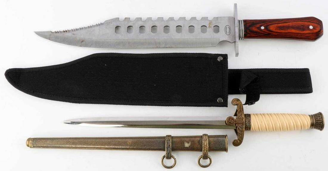 WWII GERMAN THIRD REICH HEER REINACTOR DAGGER: Holler blade, very good example, quality replica. Also a Frost cutlery 18 inch bowie , moder, with sheath.