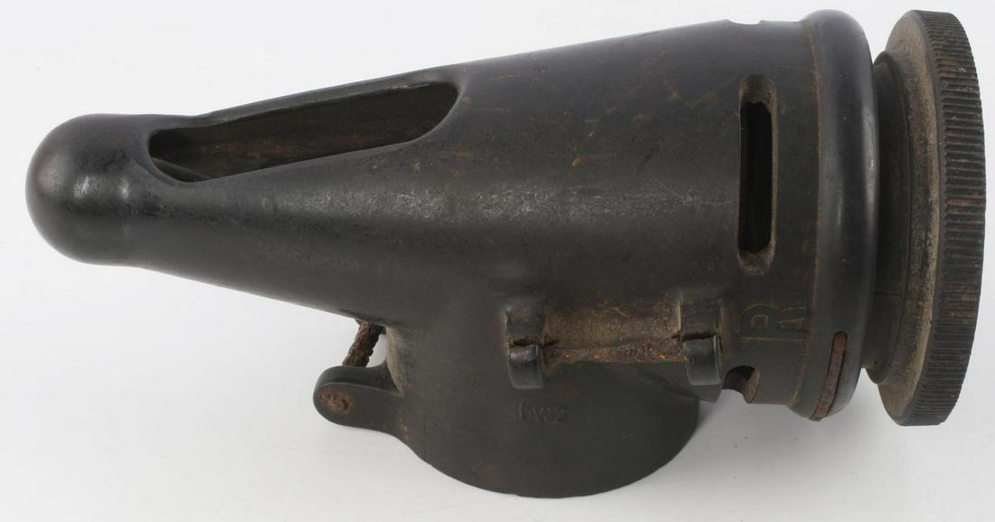 WWII GERMAN PFERDGASMASKE 41 HORSE GAS MASK PIECE: Antique breathing valve for a hose gas mask. Made of hard plastic alloy or resin. Marked "bwz" and "fpc" on sides and "41/1C" and R" near base. Heavy rust and wear present. Measures approx. 7 X 3 inch
