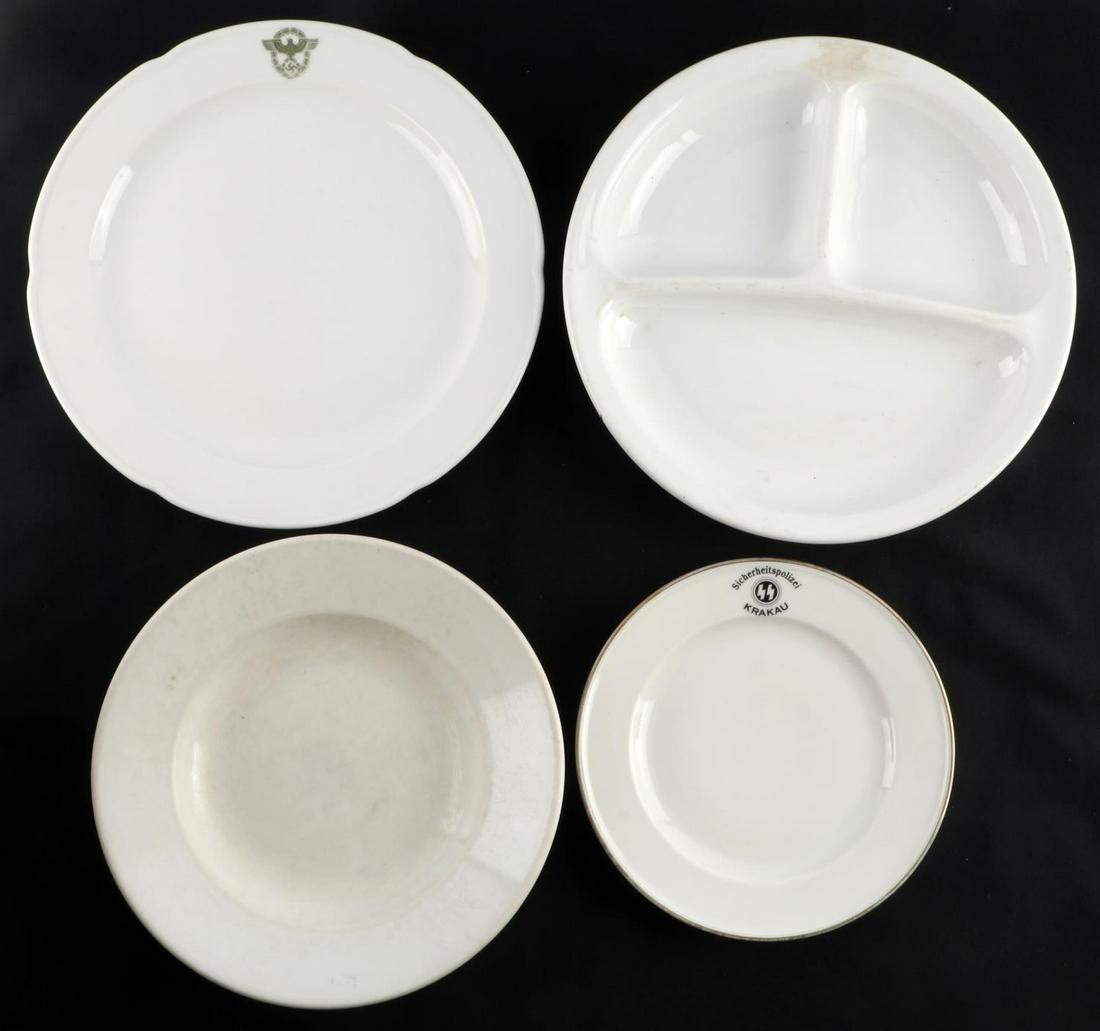 WWII GERMAN THIRD REICH PLATE LOT OF 4 SS POLICE: Lot features an SS Krakau saucer with a police saucer. Also included are mess hall plates. Marked Bauscher and Hutschenreuther. Measurements range 8 - 10 3/4 inches. Very good condition.