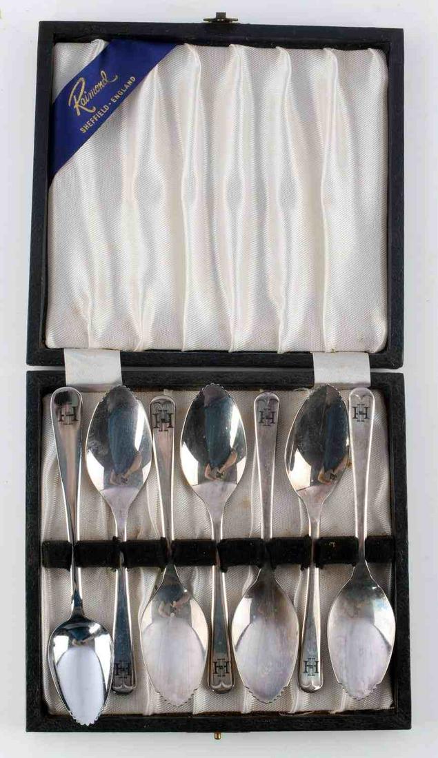 WWII GERMAN THIRD REICH HIMMLER SILVERWARE SPOONS: WWII German Third Reich SS Himmler Silverware Spoon Set includes; seven melon spoons, all measuring approx. 5.75 X 1 inches, engraved "HH" on handles purportedly for Heinrich Himmler. Six are marked "