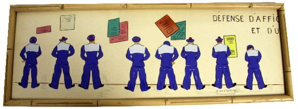 ORIGINAL WATERCOLOR AND GOUACHE OF FRENCH SAILORS: Signed "G. OF VERTURY". Georges (French,1894-?) Official Painter of the Navy appointed in 1924. About 1955, Eight Sailors urinating on wall with "DE'FENSE D'AFFIO.../ ET D'U" on wall. Signed lower rig