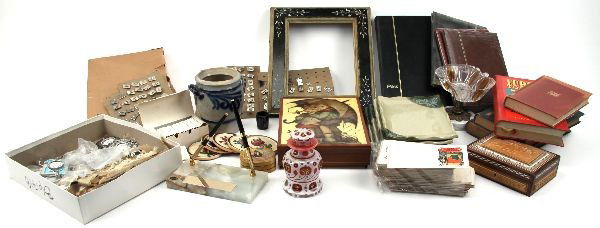 BOX LOT ACID ETCHED GLASS CUFFLINKS DISHES & MORE: Grouping includes etched glass decanter 5.5 inch tall, onyx desk pen set and cross mechanical pencil, ceramic coasters and urn, keep sake box with cat motif, Indian looking jewelry box with elephant m