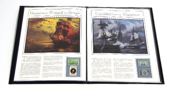VICTORIES AT SEA COMMEMORATIVE PANELS STAMP BOOK: Stamp book includes commemorative panels for the Bonhomme Richard vs. Serapis battle, the Constitution vs. Guerriere battle, the Monitor vs. Merrimack battle, the battle at Manila Bay, Coral Sea, and