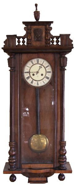 LATE 19TH CENTURY UNGHANS GERMAN WALL CLOCK: 19th century German wall clock of about 48 inches. 7.25 inch diameter porcelain dial with black Roman numerals and red fleur de lis designs. Dial and movement marked "Unghans".