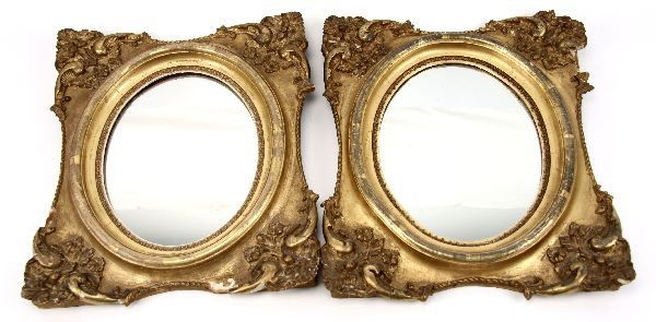 PAIR OF ANTIQUE GILT ROCOCO STYLE MIRRORS: 12.5x14.5 inches each. Gold gilt antique mirrors in Rococo style with rope hangers. Overall good condition with some chips and paint loss.