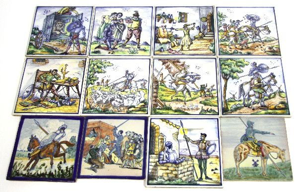 DON QUIXOTE PAINTED TILES LOT OF TWELVE: Loy includes twelve hand painted tiles recounting the story of Don Quixote. Two series present, nine with the back signed J. Roig P. Espana Barcelona 6 x 6 inch, Two from a second series with no signa