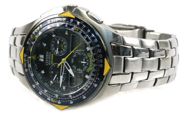 CITIZEN ECO-DRIVE SKYHAWK BLUE ANGELS WRIST WATCH: #C651-T000959. Solar charged flight watch with rotating bezel, chronograph, three world time alarms, count down timer, and time/calendar function for 22 time zones. Movement: automatic Case: 44 mm; st