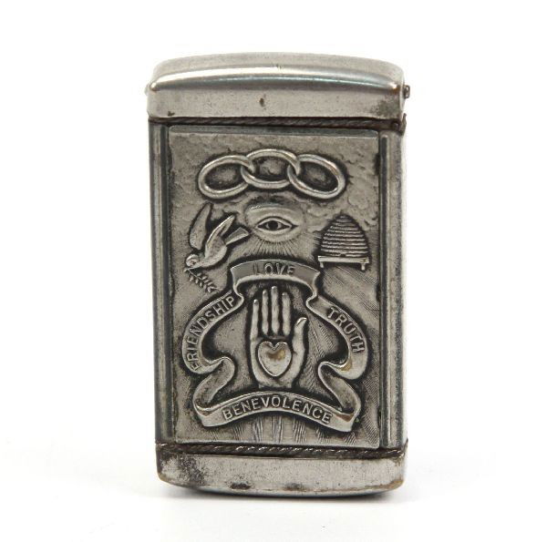 ANTIQUE ODD FELLOWS VESTA MATCH SAFE: Antique Odd Fellows Vesta Match Safe, front panel reads, "Hendrick Hudson Hotel, Hoffman & FA77, PROPS, FRONT AND THIRD STREETS, NEWBURGH, N Y." Inscribed on the back are the four words, "LOVE, TRUTH,