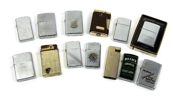 DEALER LOT VINTAGE AND ZIPPO LIGHTERS AND PARTS: Lot of 13 various lighters, Zippo and vintage styles. Varying condition, some fair, some better. Also an empty Zippo case.