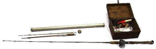 ANTIQUE FISHING RODS AND TACKLE BOX LOT: A grouping of antique fishing equipment, including: a 72 inch unmarked metal rod with wood and cork handle and Shakespeare Service 1944 model reel (both with oxidation), a 54 inch unmarked bamboo fish
