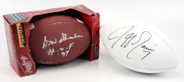 DON & DAVE SHULA AUTOGRAPHED FOOTBALL JEFF GARCIA: Lot of 2 footballs to include: Rawlings official football signed by Don & Dave Shula "H.O.F. '97" with original box; Jeff Garcia "7" signed Nike football (small girth, official size & weight).