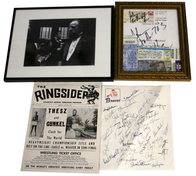 AUTOGRAPHED DOCUMENT LOT BRAVES BC & THE SUNSHINE: Lot includes all original signatures, signed by the whole team on Braves letterhead. Framed concert tickets and signatures from KC & The Sunshine Band. Heavyweight championship tittle June 23, 1963 pr