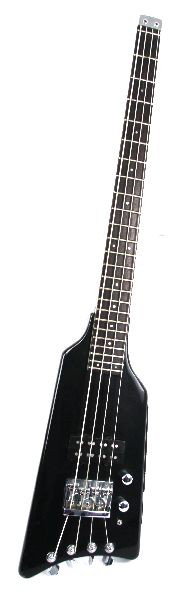 KRAMER THE DUKE HEADLESS ELECTRIC BASS GUITAR: Duke in good condition with play wear. Pick ups in need of cleaning. Soft case.