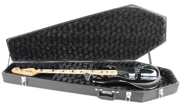 FENDER JAZZ BASS COPY W/ COFFIN CASE: Fender jazz bass copy. Has customized fret markers. Overall good condition. Also included is a Coffin Case in very good condition.