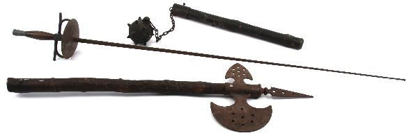 LOT OF THREE DECORATIVE FAUX WEAPONS: Lot of three decorative faux weapons. An Italian grip style fencing foil, with 35 inch blade, marked Toledo, Spain. Also, a wooden handled battle axe, with handle measuring 29 inches, and a mace. Surf