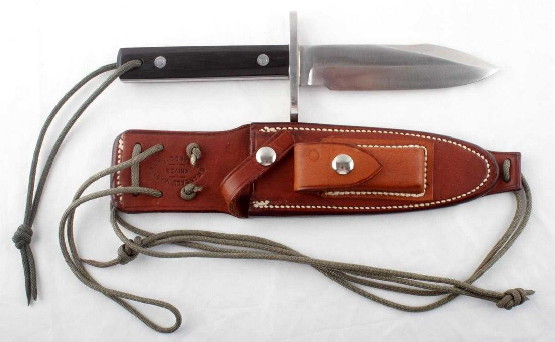 RANDALL KNIFE MODEL 17 ASTRO W SULLIVAN SHEATH: Mint as new condition, 5 1/2 inch blade 10 1/4 overall, salmon stone, Micarta grip, superb example.
