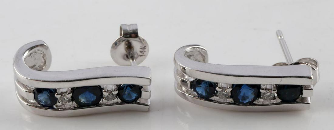 .5 TCW SAPPHIRE MOISSANITE 14K WHITE GOLD EARRINGS: Marked "14KT F.D. HDS" on reverse and acid tested for purity. Round cut Sapphires are channel set and single point round cut Moissanite stones are prong set as accents between sapphires. Earrings are 