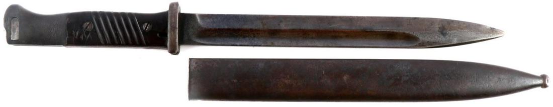WWII GERMAN K98 BAYONET MATCHING SERIAL NUMBER: WWII German MAuser K98 bayonet with matching serial numbers. Steel blade. Marked 41 cof on one side with serial number 3925. Scabbard also serial numbered 3925. Measures 16 inches. Waffenamt marked on