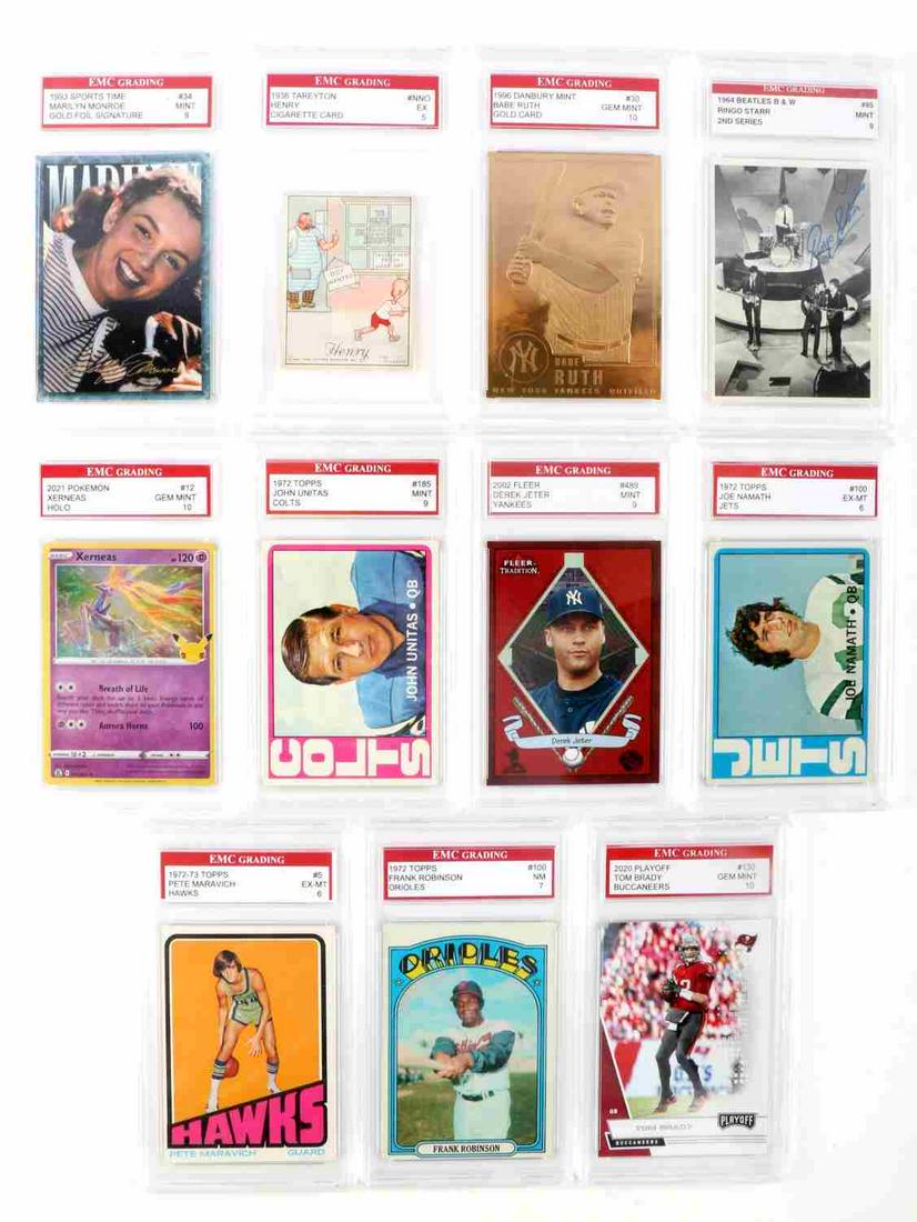 GRADED BASEBALL FOOTBALL POKEMON CARDS LOT: Lot features a variety of 11 Pokemon, baseball, football, and celebrity cards. Some present are Derek Jeter, Marilyn Monroe, Ringo Starr, and more. Very good condition. Encapsulated.