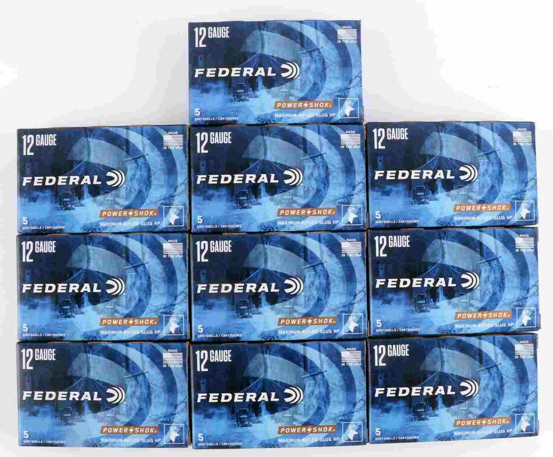 50 ROUNDS FEDERAL POWER SHOK 12 GA SHOTGUN SHELLS: 50 Rounds, 10 full boxes of Federal Power-Shok 12 Gauge, 2 3/4 inch 1610 FPS 1 ounce, maximum rifled slug HP. 10 new and unopened boxes each with 5 rounds, for a total of 50 rounds.