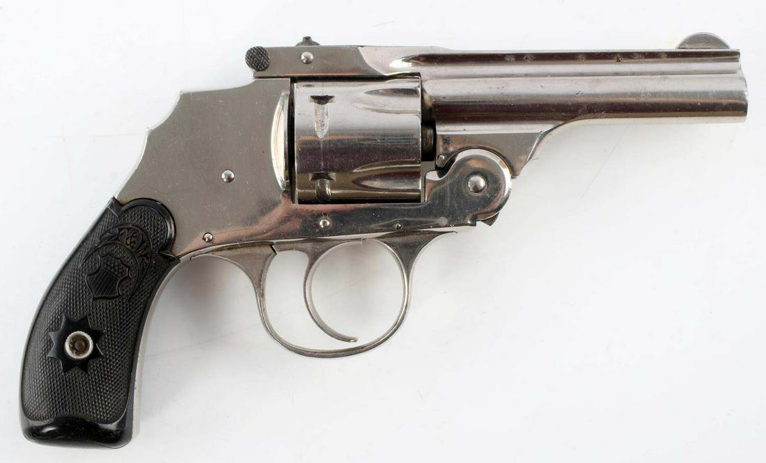 HOPKINS & ALLEN MODEL 1904 .38 TOP BREAK REVOLVER: Hopkins & Allen Model 1904 top break hammerless revolver. .38 caliber. 85% nickel finish. Bright and clear bore needs cleaning. 3 1/4 inch barrel marked to top "Forehand Model 1904 Hopkins & Allen Arm