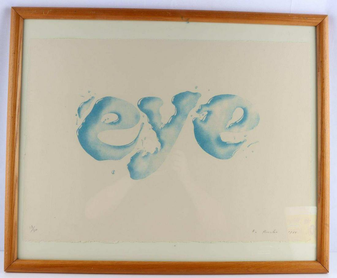 ED RUSCHA SIGNED LIMITED EDITION EYE LITHOGRAPH: Ed Ruscha (b. 1937), American, Pop Art movement and a successor of the Beat Generation. His work was exhibited at the Ferus, Leo Castelli, and Gagosian Galleries. EYE Lithograph printed in blue. Date
