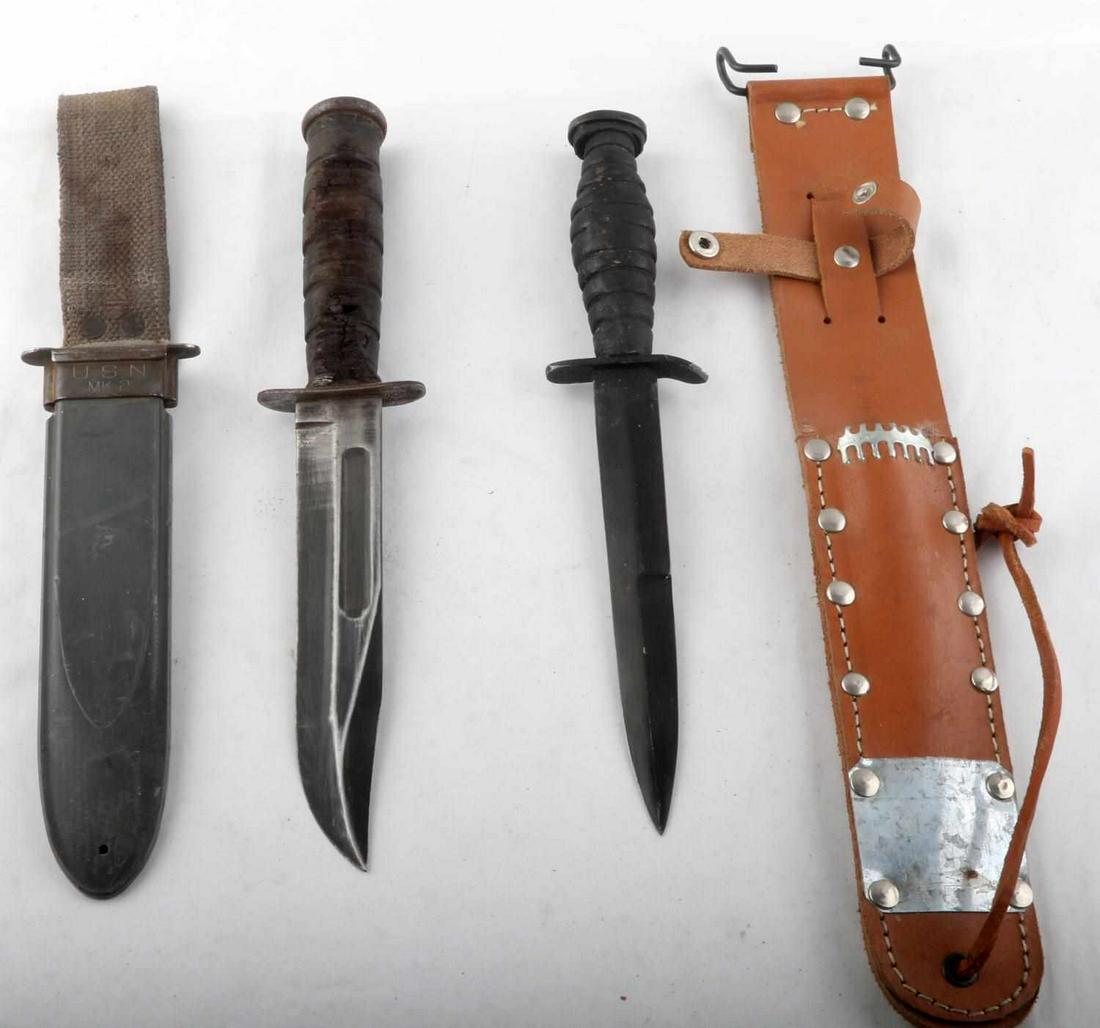 WWII M3 PAL & MK 2 FIGHTING KNIFE LOT: The M3 Pal has very nice blackened blade, leather grip and custom scabbard, uncertain of scabbard age, the Mark 2 is a Camillus good blade and scabbard , the grip has loss to one side.