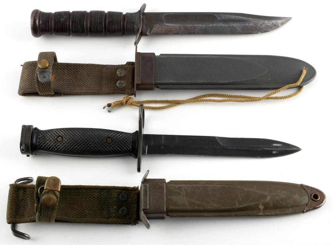 WWII MK2 FIGHTING KNIFE & M1 GARAND BAYONET: BOC M-7 bayonet in M1 PWH scabbard, very good original condition, Ka-Bar USN MK2, very good blade, grip and scabbard.