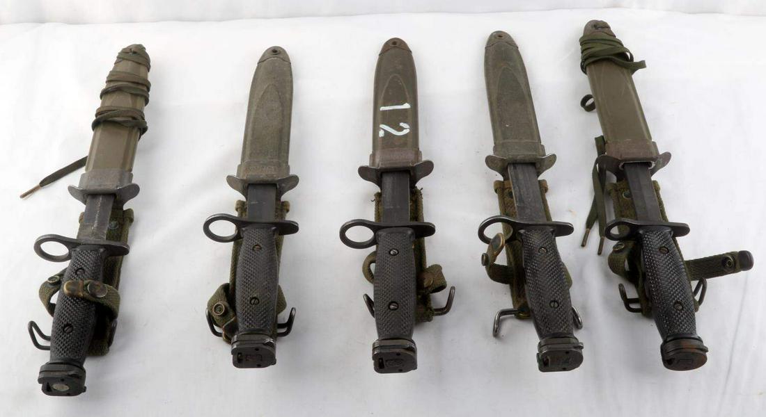 5 M1 GARAND M7 IN M8A1 SCABBARD BAYONET LOT: Makers include F7R, M4 Conetta, and 3 BOC, all very good original condition.