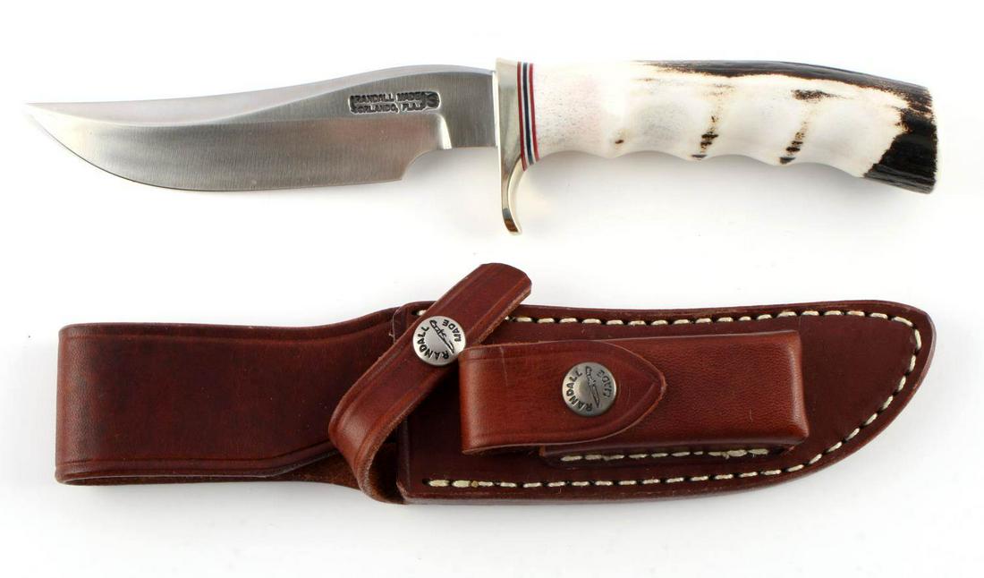 RANDALL MADE MODEL 7 HUNTER KNIFE: New custom made Randall Model 7 Fisherman Hunter fixed blade knife with leather sheath. Features 5 inch long 3/16th stock blade, Nickel single hilt and a fingered stag horn grip with 5 spacers. This l