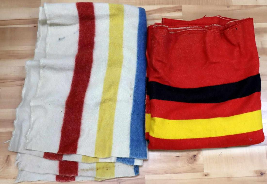 VINTAGE PENDLETON AND HBC HUDSON BAY WOOL BLANKET: Hudson Bay Company style wool blanket with 4 stripes and no points, possibly pre point era HBC without label. In good overall condition with some staining and loss to one edge, approx. 6 inches in len