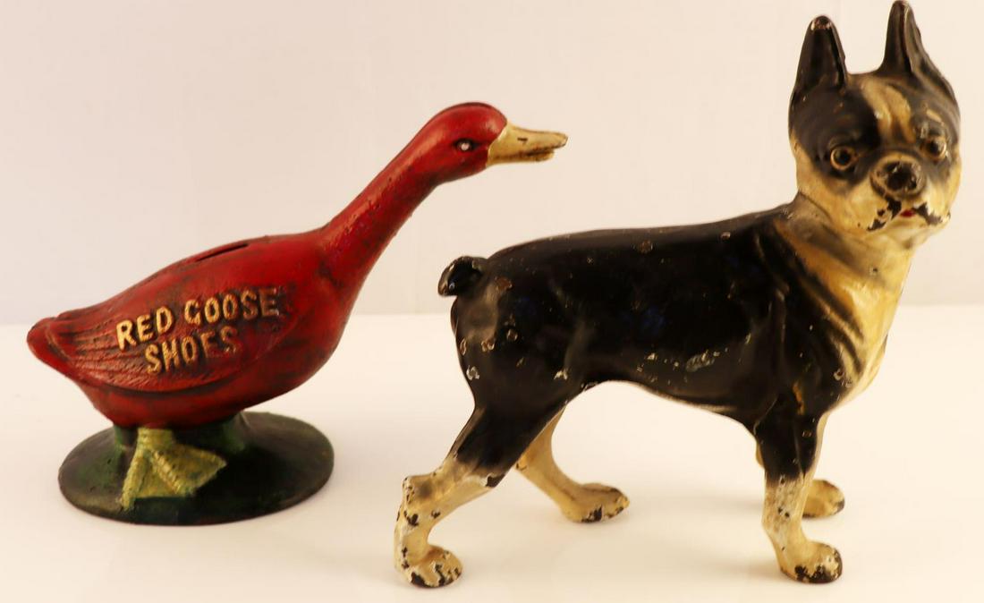 RED GOOSE SHOES COIN BANK & HUBLEY BOSTON TERRIER: 20th Century Red Goose Shoes coin bank advertisement. 2 piece cast iron construction held together by old style flathead screws. Measures 6 3/8 X 11 inches. Very good condition with some paint loss. A
