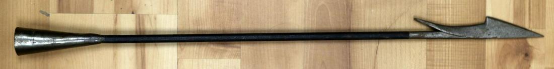 ANTIQUE 19TH CENTURY WHALING TOGGLE IRON SPEAR: Toggle iron spear. Wrought iron construction. Some oxidation with most of it being ground off. Measures 31 1/2 inches.