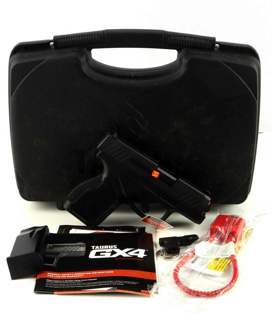 TAURUS GX4 SEMI AUTO PISTOL 9MM NEW IN BOX: Taurus sub compact GX4, steel and polymer construction, 3 inch barrel with mint bore, serial number to rear frame, comes with two 12 rd magazines, manual, keychain, lock and key, extra grip, and hard