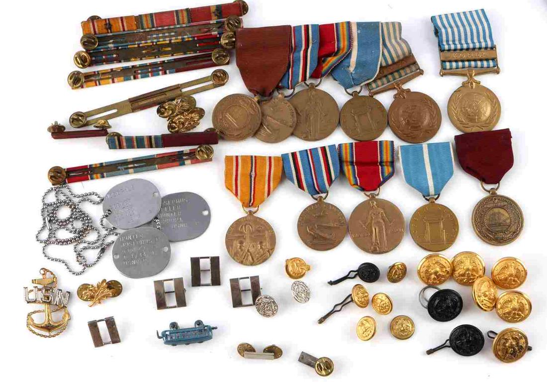 WWII US MILITARY NAMED GI MEDALS PACIFIC CAMPAIGN: Medals present are WWII Victory, Asiatic Campaign, Naval Conduct, European Campaign, American Campaign, Korean Service, and Asiatic Campaign. Included are ribbons with bronze star devices and buttons.