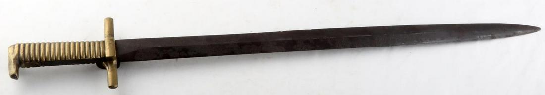 CIVIL WAR CONFEDERATE SHOTGUN BAYONET COOK & BROS: Civil War Confederate shotgun bayonet made by Cook & Brother. Blade measures 20 1/4 inches long and possesses significant oxidation and pitting throughout. Release mechanism functions. Crossguard, han