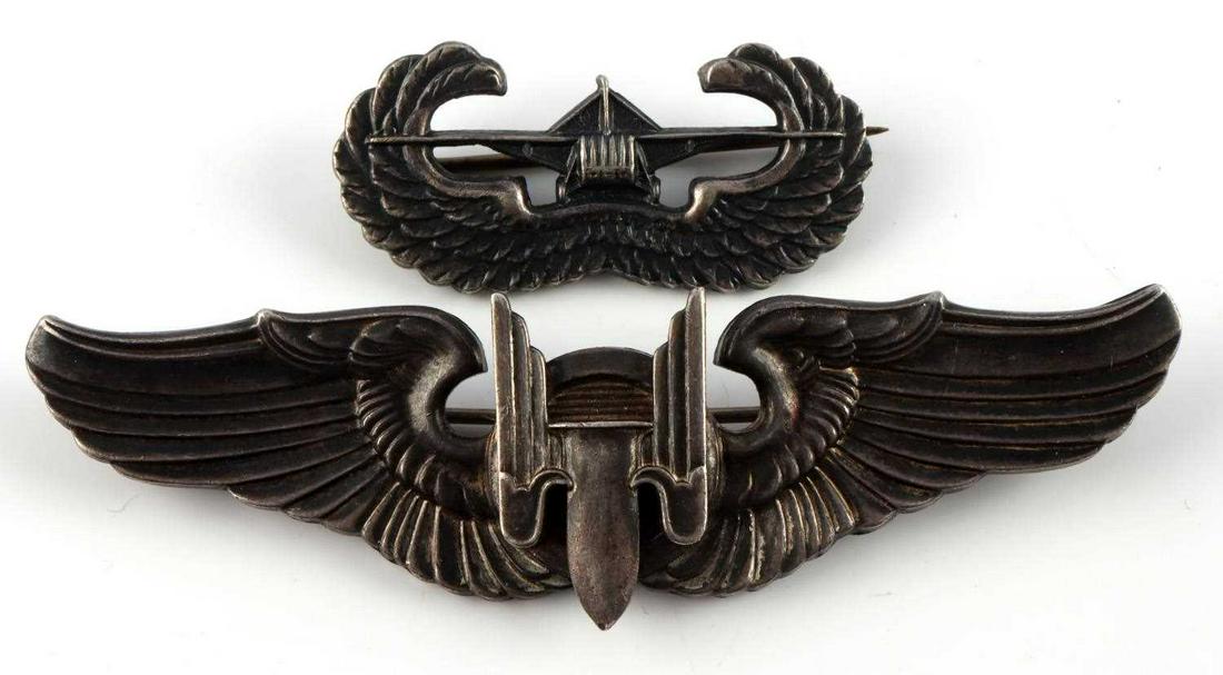 WWII USAAF STERLING AIR GUNNER & GLIDER WINGS PINS: 2 items: sterling Air Gunner wings (3 inches), and J.R. Gaunt Glider wings (1.5 inches). Very good condition.