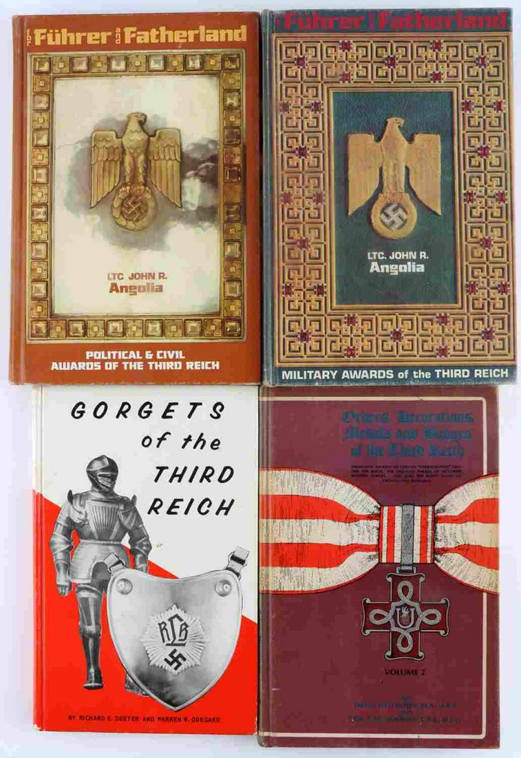 WWII GERMAN REFERENCE BOOKS GORGETS MEDALS AWARDS: Scarce reference books to include , Gorgets of the Third Reich, by Richard Deeter and Warren W. Odegard, Orders, Decorations, Medals and Badges of th Third Reich, by David Littlejohn and Col. C.M. Dod